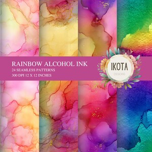 Puede incluir: Ocho vibrantes patrones abstractos de acuarela en una gama de colores, incluyendo rosa, amarillo, verde y azul, con detalles dorados. El texto "RAINBOW ALCOHOL INK" y "24 PATRONES SIN COSTURAS 300 DPI 30,48 X 30,48 CM" está presente.