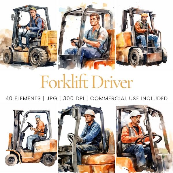 Forklift Driver Clipart - 40 JPG de haute qualité - Planificateur numérique, Junk Journaling, Aquarelle, Wall Art, Utilisation commerciale, Téléchargement numérique