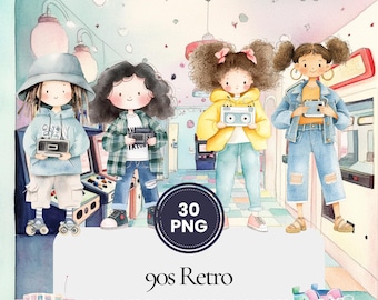 Może przedstawiać: Cyfrowa ilustracja przedstawiająca trzy dziewczyny w ubraniach w stylu lat 90. trzymające retro elektroniczne urządzenia. Dziewczyny stoją przed kolorową salą gier arcade. Obraz zawiera tekst "30 PNG" i "90s Retro".