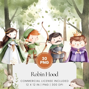 Robin des Bois Clipart - 30 PNG - Planificateur numérique, Junk Journaling, Wall Art, Utilisation commerciale, Sublimation, Scrapbooking, Cartes, Tasses, Scène