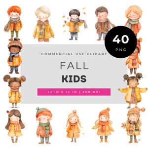 Watercolor fall kids clipart set, autumn children illustrations with coats and scarves for crafts, printable cozy season artwork for DIY