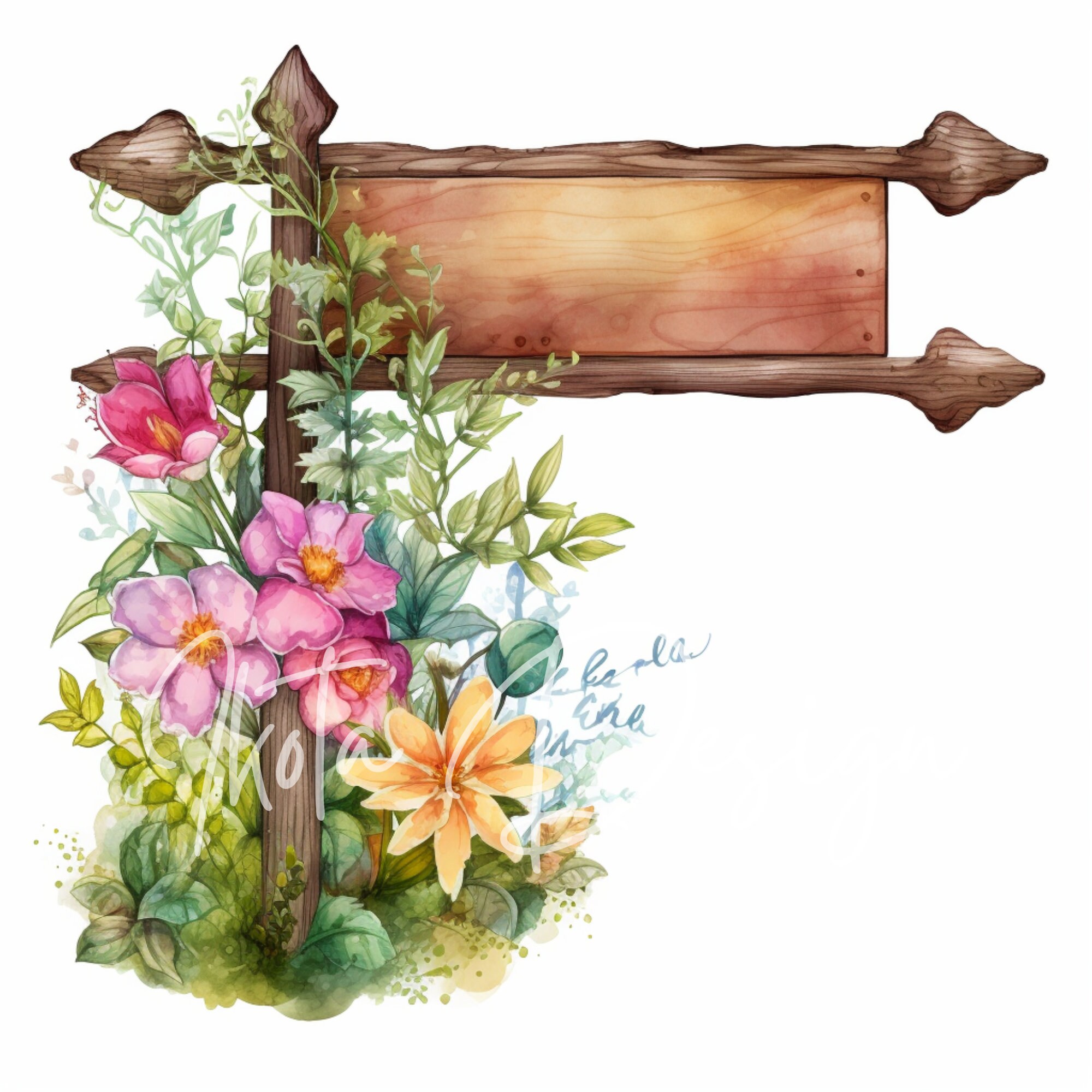 Watercolor Wooden Sign Clipart With Floral Decor, Rustic Wood Labels ...