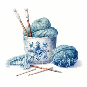 Puede incluir: Un cuenco de cer&aacute;mica azul y blanco con un dise&ntilde;o de copo de nieve lleno de hilo azul y dos agujas de tejer de madera. Una bola de hilo azul se encuentra junto al cuenco y un par de agujas de tejer est&aacute;n sobre la mesa.