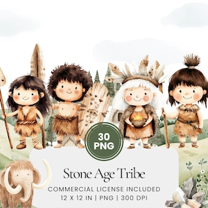 Stone Age Tribe Clipart - 30 PNG - Planificateur numérique, Junk Journaling, Wall Art, Utilisation commerciale, Sublimation, Scrapbooking, Cartes, Scène, Tasses