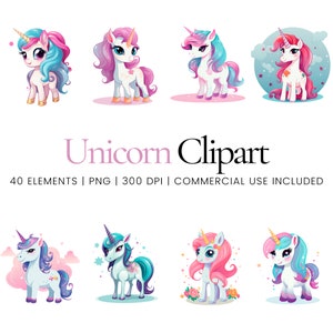 Unicorn Clipart - 40 High Quality PNGs - Digital Planner, Junk Journaling, Cartoon, Commercial Use, Digital Download