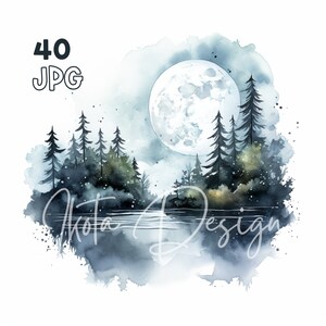 Misty Moon Clipart - 40 High Quality JPGs - Digital Planner, Junk Journaling, Watercolor, Commercial Use, Digital Download, Wall Art, Mugs