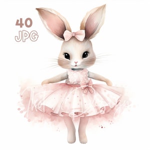 Bunny Ballerina Clipart - 40 JPG de haute qualité - Planificateur numérique, Junk Journaling, Aquarelle, Art mural, Utilisation commerciale, Téléchargement numérique