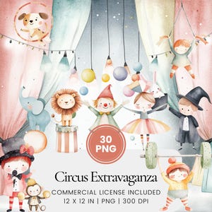 Circus Extravaganza Clipart - 30 PNG - Digital Planner, Junk Journaling, Wall Art, Commercial Use, Sublimation, Scrapbooking, Cards, Scene
