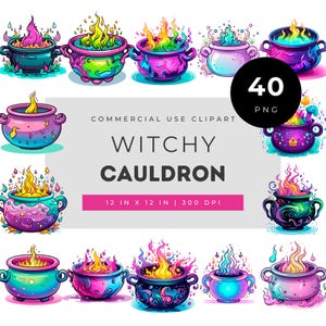 Witchy cauldron clipart set, colorful potion cauldrons and magic fire watercolor art for halloween crafts invitations and sublimation