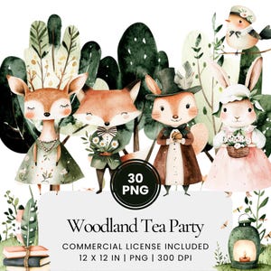 Woodland Tea Party Clipart - 30 PNG - Planificateur numérique, Junk Journaling, Wall Art, Utilisation commerciale, Sublimation, Scrapbooking, Cartes, Tasses
