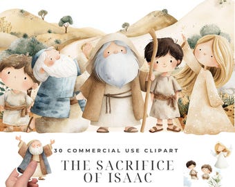 Set di clipart bibliche sul sacrificio di Isacco, illustrazioni dell'Antico Testamento su Abramo e Isacco, storie di fede cristiana per l'insegnamento ai bambini