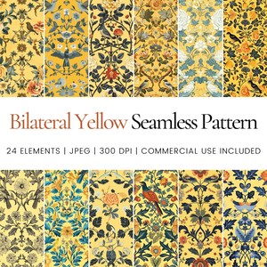 Puede incluir: Una colección de patrones amarillos sin costuras con diseños florales y de aves. Los patrones presentan varias combinaciones de colores, incluyendo azul, rojo y verde, sobre un fondo amarillo. Se muestra el texto "Bilateral Yellow Seamless Pattern".