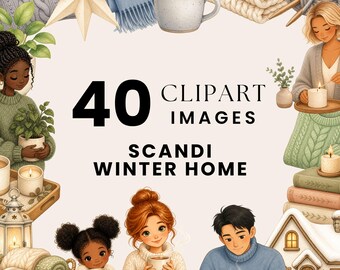 Scandi Winter Home Clipart, Hygge Cozy PNG, Nordic Winter Illustrations, Cottagecore Watercolor, Winter Reading Characters, Commercial Use