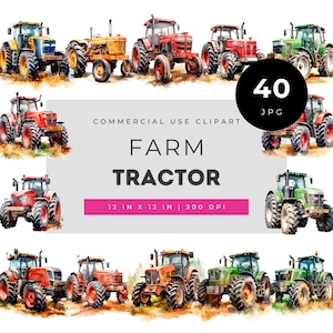 Farm tractor clipart set for rural agriculture artwork, watercolor tractor graphics for farmers, country machinery illustrations bundle