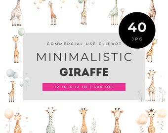 Minimalistic Giraffe Watercolor Clipart, Cute Baby Giraffe Illustration Set, Neutral Nursery Animal Art, Scandinavian Kids Decor