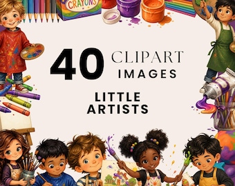Art Clipart PNG, Little Artist Watercolor, Kids Painting Illustrations, Paintbrush Crayon Art, Craft Classroom Supply Bundle, Commercial Use
