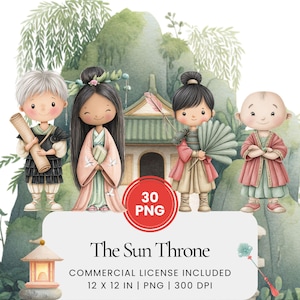 Puede incluir: Ilustración en acuarela con cuatro personajes de dibujos animados con vestimenta asiática tradicional. La imagen incluye el texto "The Sun Throne" y "COMMERCIAL LICENSE INCLUDED 30.48 x 30.48 cm | PNG | 300 DPI".