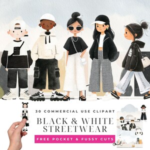 Puede incluir: Una colección de ilustraciones digitales con cinco personajes en ropa urbana en blanco y negro, incluyendo sudaderas, pantalones cargo y gorras. El texto dice 30 COMMERCIAL USE CLIPART BLACK & WHITE STREETWEAR FREE POCKET & FUSSY CUTS.