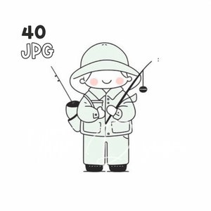 Serene Fisherman Clipart - 40 JPG de haute qualité - Planificateur numérique, Junk Journaling, Wall Art, Utilisation commerciale, Téléchargement numérique, Tasses, Vêtements