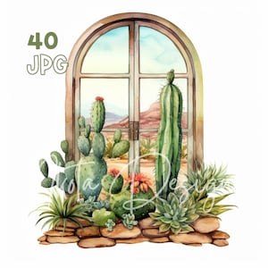 Cactus Window Clipart - 40 High Quality JPG - Digital Planner, Junk Journaling, Watercolor, Wall Art, Commercial Use, Digital Download, Mugs