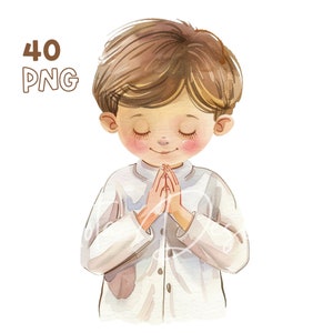 Clipart van een jongen met de eerste communie, aquarelillustraties van een biddend kind, afbeeldingen van religieuze sacramenten, karakterset met witte outfit, PNG-download