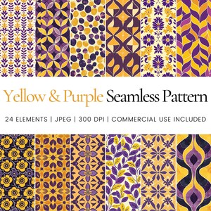 May include: A set of 24 seamless patterns in yellow and purple featuring geometric, floral, and leaf designs. The patterns are high-resolution and perfect for digital and print projects.