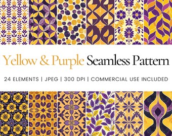 Yellow and Purple Seamless Pattern Bundle, Bold Geometric Floral Digital Paper Pack for Crafts, Scrapbooking, Card Making and Journaling