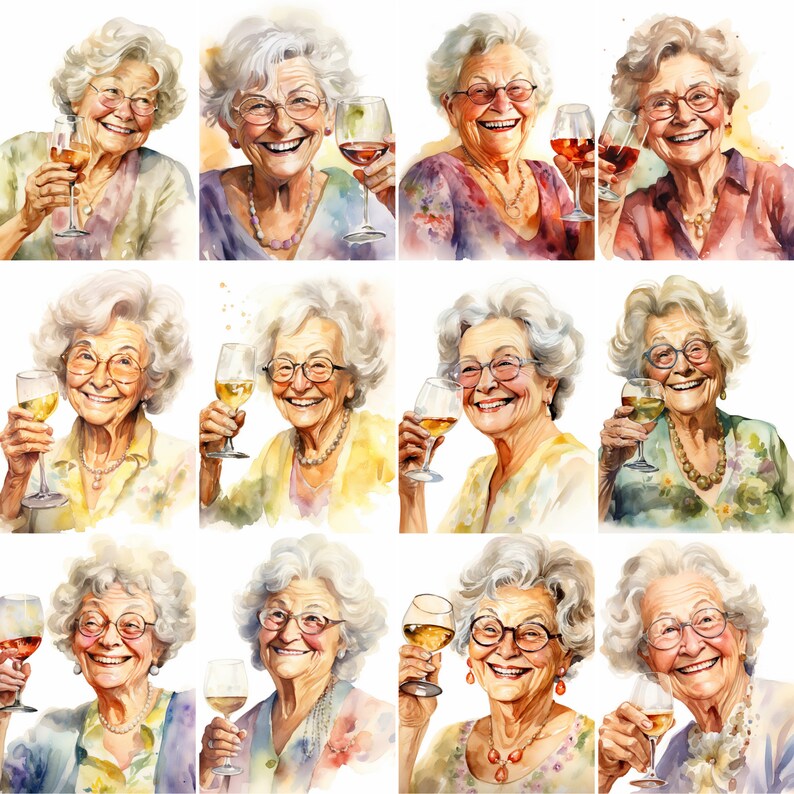 Watercolor Grannies Drinking Wine Clipart Bundle, Funny Grandma Wine ...