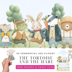 May include: Watercolor illustration featuring anthropomorphic animals from "The Tortoise and the Hare." Includes a mouse, turtle, rabbit, badger, and bear, all dressed in vintage clothing. The image also includes a sheep and a deer. Text reads "30 Commercial Use Clipart."