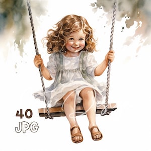 Girl on a Swing Clipart - 40 High Quality JPGs - Digital Planner, Junk Journaling, Watercolor, Wall Art, Commercial Use, Digital Download