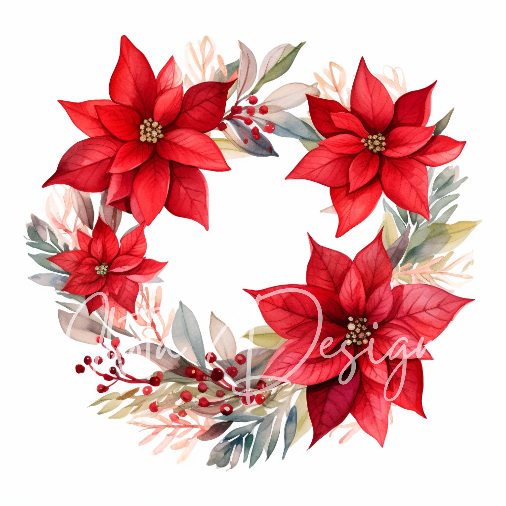 ポインセチアのリースのクリップアート、クリスマスの花輪の水彩画