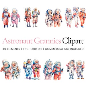 Astronaut Grandmas Clipart - 40 High Quality PNGs - Digital Planner, Junk Journaling, Watercolor, Wall Art, Commercial Use, Digital Download