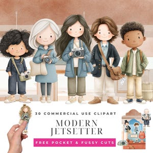 Puede incluir: Ilustración de cinco personajes de dibujos animados vestidos como viajeros, cada uno con una cámara. Los personajes visten varios atuendos, incluyendo chaquetas y monos, y llevan bolsas. El texto "MODERN JETSETTER" se muestra debajo de las figuras.