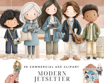 Modern jetsetter watercolor clipart bundle, stylish airport traveler illustrations for planners, travel girl graphics for journaling crafts