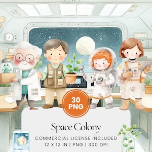 Puede incluir: Un conjunto de 30 ilustraciones digitales de una colonia espacial con astronautas, científicos y plantas. Las ilustraciones están en un estilo de acuarela y presentan una variedad de personajes y objetos.