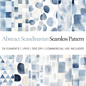 Puede incluir: Un conjunto de 24 patrones digitales sin costuras en acuarela azul y blanca. Los patrones presentan formas geométricas abstractas, incluyendo cuadrados, círculos y triángulos. Los patrones son perfectos para usar en scrapbooking, creación de tarjetas y otros proyectos de manualidades.