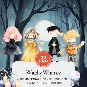 May include: A set of 30 digital illustrations featuring three children dressed in whimsical costumes. The children are standing in a dark forest with a full moon in the background. The illustrations are perfect for creating Halloween-themed crafts, cards, and invitations.