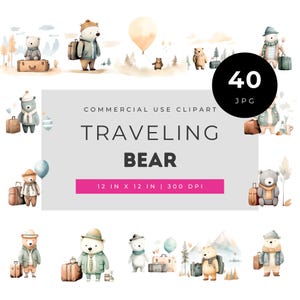 Traveling Bear Clipart JPG, Cute Adventure Teddy with Suitcase, Vintage Explorer Bear Illustration Set for Nursery Decor