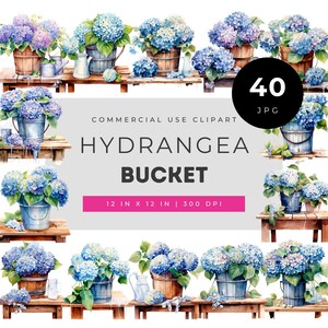 Watercolor hydrangea bucket clipart bundle with blue floral arrangements in rustic pots for invitations scrapbooking and DIY projects set