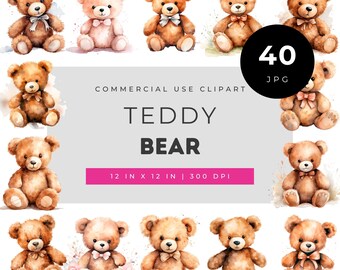 Watercolor Teddy Bear Clipart Set for Crafts, Cute Baby Nursery Bears PNG JPG, Scrapbooking Nursery Animals Art, Commercial Use Graphics