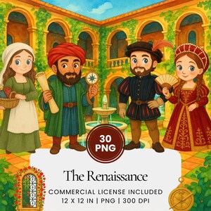 Può includere: Illustrazione ad acquerello con quattro personaggi dei cartoni animati in abiti rinascimentali. Le figure sono davanti a un cortile ad arco con una fontana. L'immagine include il testo "The Renaissance" e "30 PNG".