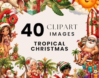 Tropical Christmas Clipart Bundle, Watercolor Beach Santa PNG, Summer Christmas Clipart, Tropical Holiday Characters Elements Download
