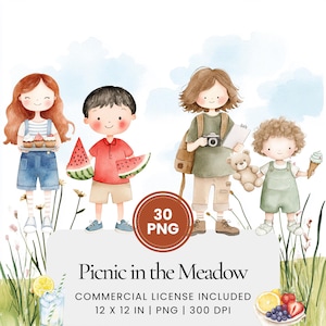 Picknick in de weide Clipart - 30 PNG - Digitale planner, Junk Journaling, commercieel gebruik, sublimatie, scrapbooking, kaarten, stickers, mokken
