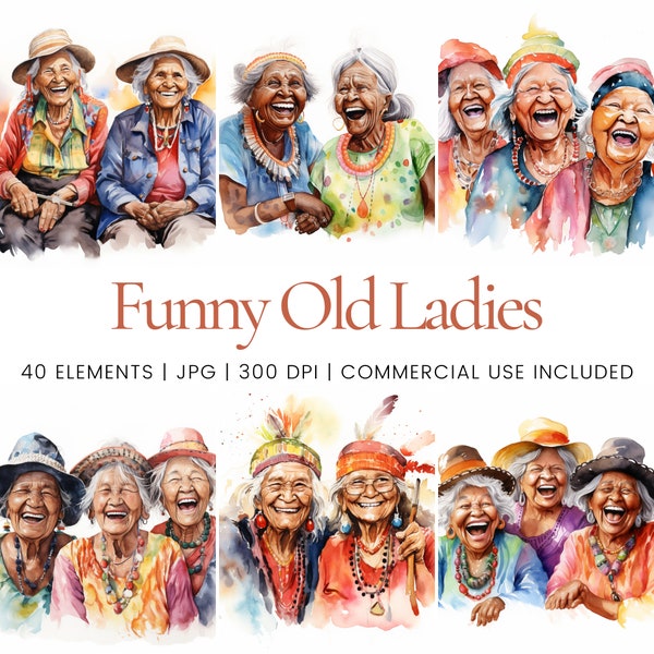 Old Funny Aboriginal Ladies Clipart - 40 High Quality JPGs - Digital Planner, Junk Journaling, Watercolor, Wall Art, Commercial Use, Mugs