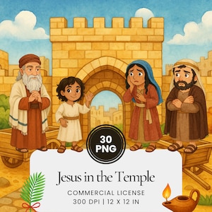 Può includere: Illustrazione ad acquerello raffigurante una scena intitolata "Gesù nel Tempio". L'immagine presenta quattro figure in abiti biblici davanti a un arco in pietra. Il testo "Gesù nel Tempio" è visualizzato in basso, insieme a "COMMERCIAL LICENSE" e dimensioni di 30,48 x 30,48 cm.