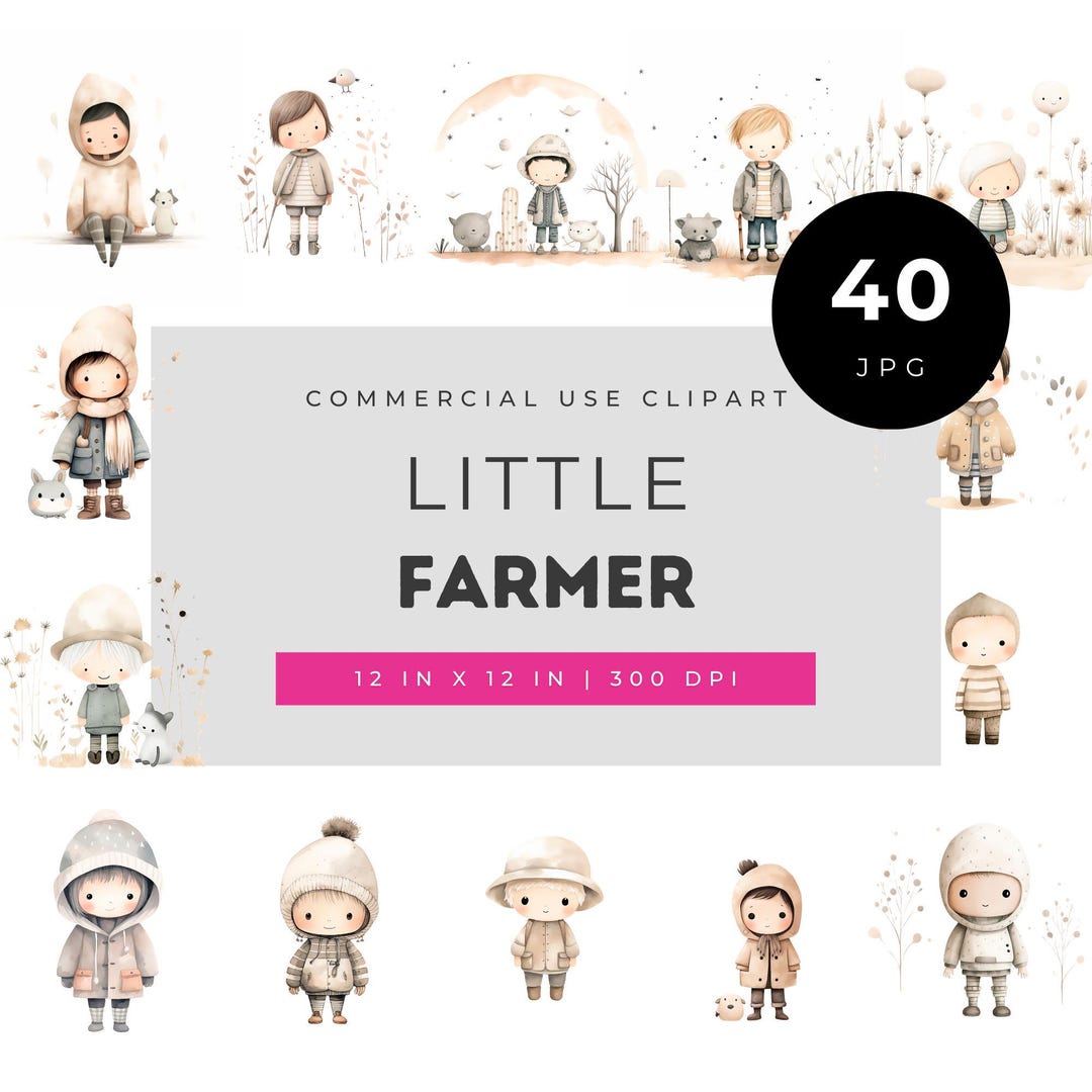 Little Farmer Watercolor Clipart Set, Cute Kids Farm Illustrations ...