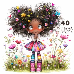 Clipart di ragazza africana sorpresa - 40 JPG di alta qualità - Agenda digitale, diario di spazzatura, arte murale, uso commerciale, abbigliamento, sublimazione