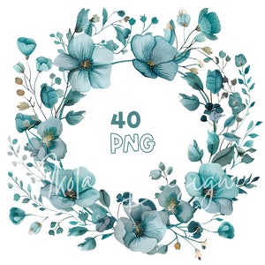 Teal Blumenkranz Aquarell Clipart Bundle, digitale florale Kreisrahmen für Junk Journaling, Planer Sticker, druckbare Wanddekoration