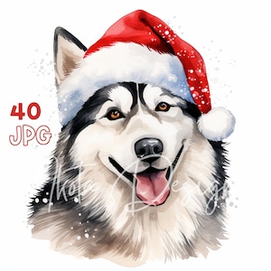クリスマス ハスキー犬のクリップアート - 40 個の高品質 JPG - デジタル プランナー、ジャンク ジャーナリング、水彩、商用利用、デジタル ダウンロード