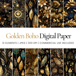 Puede incluir: Doce papeles digitales con patrones dorados y negros con diseños bohemios. Los patrones incluyen plumas, flores y formas geométricas.